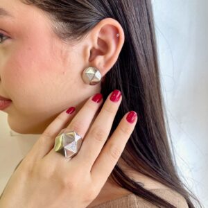 Conjunto Anel e Brinco Facetados Semi Jóia Banho Ródio Branco